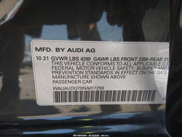Aukcja sprzedaży 2022 Audi A3 Premium 40 Tfsi Front-wheel Drive S Tronic, vin: WAUAUDGY0NA017259, numer aukcji: 45853868