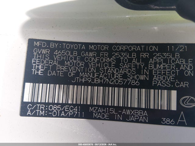 Продаж на аукціоні авто 2022 Lexus Ux 250h, vin: JTHP9JBH7N2057786, номер лоту: 45853876