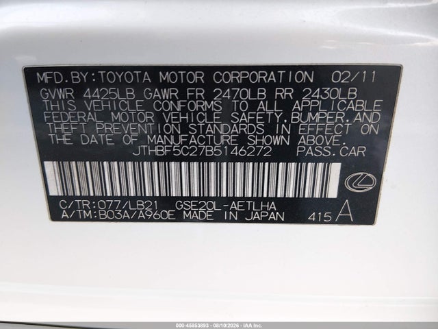 Aukcja sprzedaży 2011 Lexus Is 250, vin: JTHBF5C27B5146272, numer aukcji: 45853893