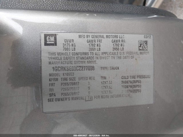 45853927 :رقم المزاد ، 1GCRKSE03CZ277098 vin ، 2012 Chevrolet Silverado 1500 Lt مزاد بيع