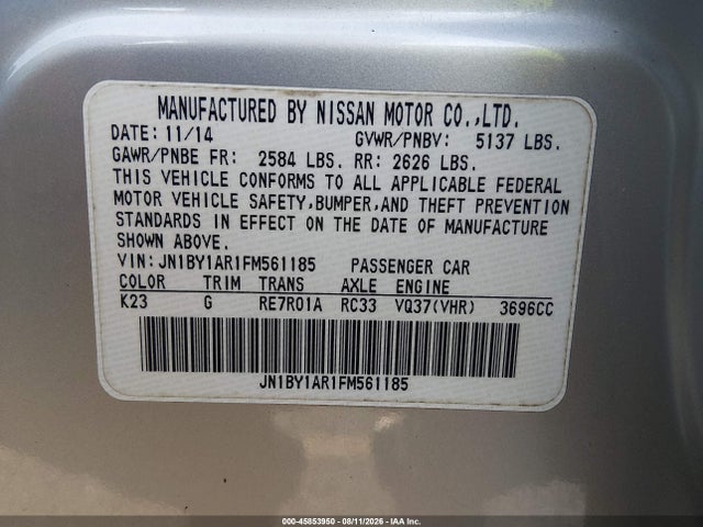 Продаж на аукціоні авто 2015 Infiniti Q70 3.7x, vin: JN1BY1AR1FM561185, номер лоту: 45853950