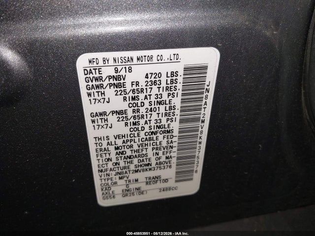 Продажа на аукционе авто 2019 Nissan Rogue Sv, vin: JN8AT2MV8KW375376, номер лота: 45853951