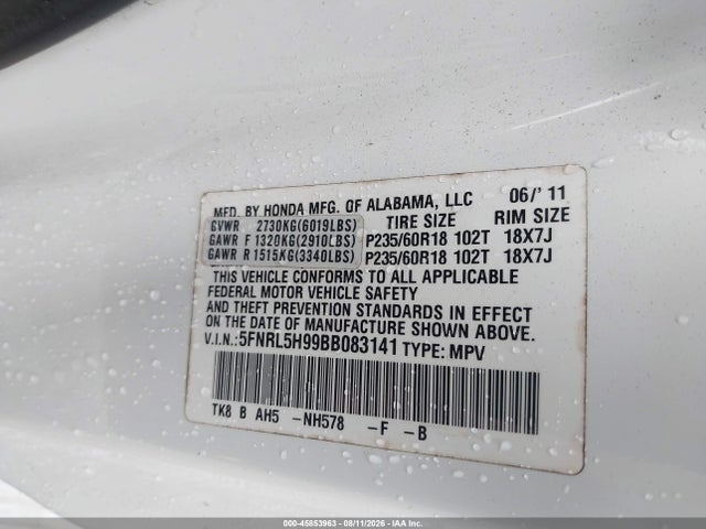 Aukcja sprzedaży 2011 Honda Odyssey Touring/touring Elite, vin: 5FNRL5H99BB083141, numer aukcji: 45853963