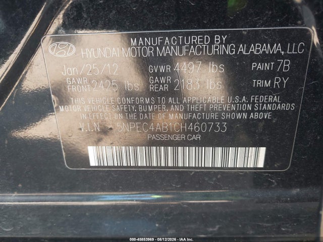 45853969 :رقم المزاد ، 5NPEC4AB1CH460733 vin ، 2012 Hyundai Sonata Se 2.0t مزاد بيع