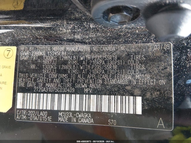 45853973 :رقم المزاد ، 2T2GA31U75C030409 vin ، 2005 Lexus Rx 330 مزاد بيع