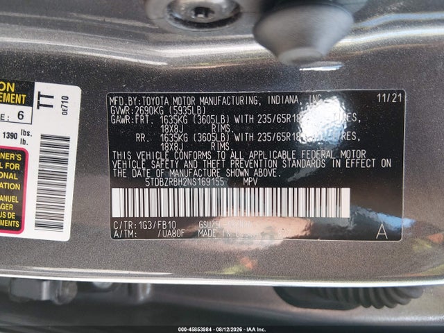 45853984 :رقم المزاد ، 5TDBZRBH2NS169155 vin ، 2022 Toyota Highlander Le مزاد بيع