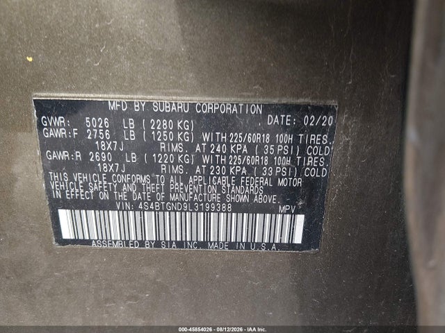 Продажа на аукционе авто 2020 Subaru Outback Limited Xt, vin: 4S4BTGND9L3199388, номер лота: 45854026