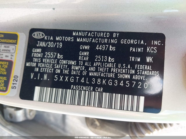 2019 Kia Optima Lx მანქანა იყიდება აუქციონზე, vin: 5XXGT4L38KG345720, აუქციონის ნომერი: 45854038