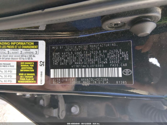 45854049 :رقم المزاد ، 4T1M11AK3LU916989 vin ، 2020 Toyota Camry Se مزاد بيع