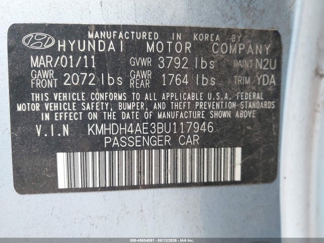 Aukcja sprzedaży 2011 Hyundai Elantra Gls/limited, vin: KMHDH4AE3BU117946, numer aukcji: 45854091