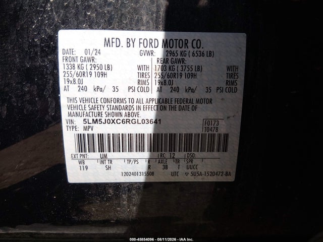45854096 :رقم المزاد ، 5LM5J0XC6RGL03641 vin ، 2024 Lincoln Aviator Livery مزاد بيع