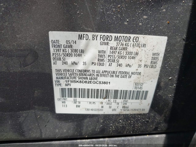 45854100 :رقم المزاد ، 1FM5K8D82EGC53801 vin ، 2014 Ford Explorer Xlt مزاد بيع