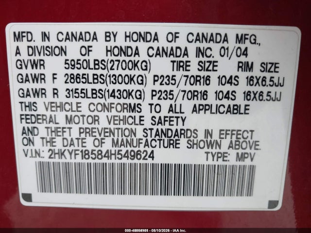 Aukcja sprzedaży 2004 Honda Pilot Ex-l, vin: 2HKYF18584H549624, numer aukcji: 45854101