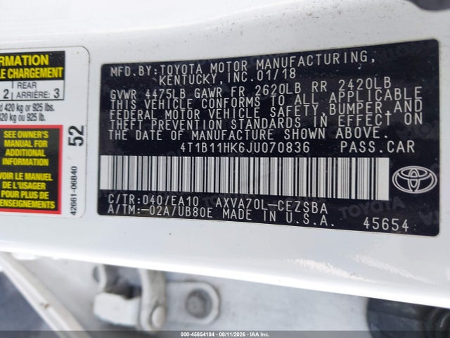 4T1B11HK6JU070836 Toyota CAMRY SE