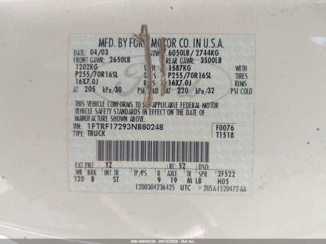 45854128 :رقم المزاد ، 1FTRF17293NB80248 vin ، 2003 Ford F-150 Xl/xlt مزاد بيع