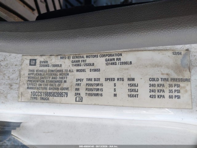 2005 Chevrolet Colorado მანქანა იყიდება აუქციონზე, vin: 1GCCS198858209579, აუქციონის ნომერი: 45854140