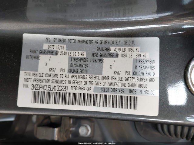 45854142 :رقم المزاد ، 3MZBPACL5LM130239 vin ، 2020 Mazda Mazda3 Select Package مزاد بيع