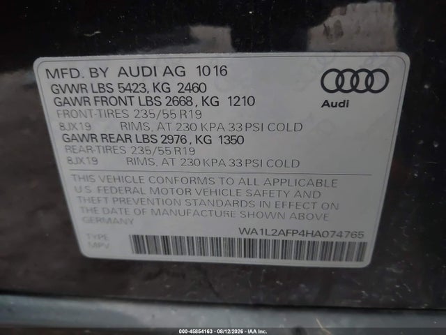 Продаж на аукціоні авто 2017 Audi Q5 2.0t Premium, vin: WA1L2AFP4HA074765, номер лоту: 45854163