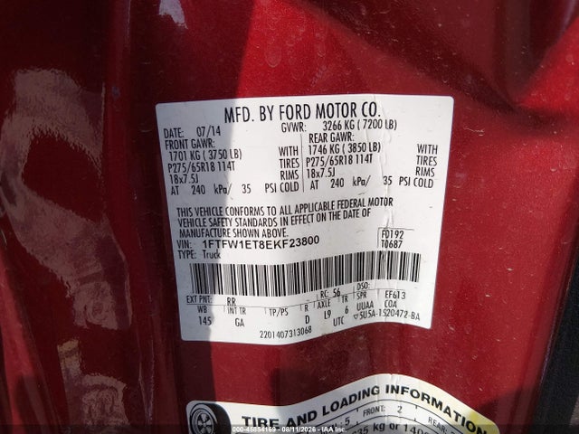 2014 Ford F-150 Xlt მანქანა იყიდება აუქციონზე, vin: 1FTFW1ET8EKF23800, აუქციონის ნომერი: 45854169