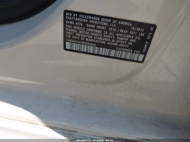 Aukcja sprzedaży 2013 Volkswagen Passat 2.5l S, vin: 1VWAH7A31DC053645, numer aukcji: 45854176