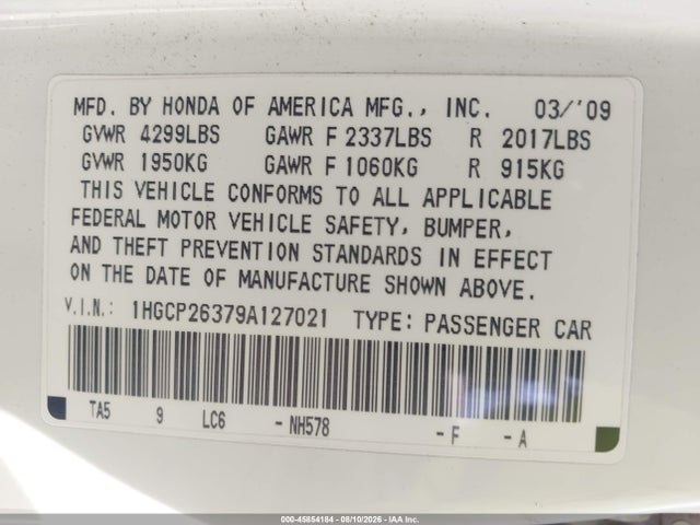 2009 Honda Accord 2.4 Lx მანქანა იყიდება აუქციონზე, vin: 1HGCP26379A127021, აუქციონის ნომერი: 45854184