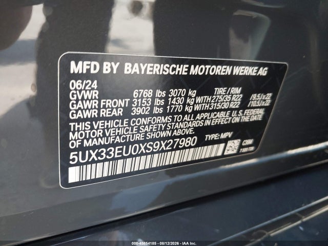 Aukcja sprzedaży 2025 Bmw X5 M60i, vin: 5UX33EU0XS9X27980, numer aukcji: 45854185