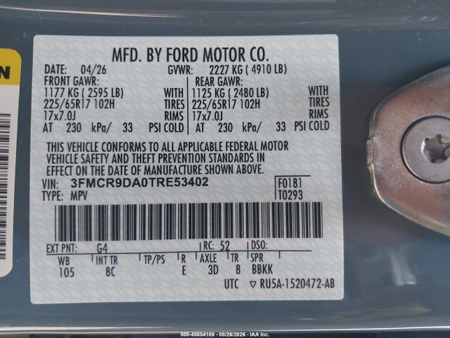 Aukcja sprzedaży 2026 Ford Bronco Sport Badlands, vin: 3FMCR9DA0TRE53402, numer aukcji: 45854189