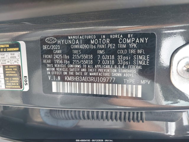 Продаж на аукціоні авто 2024 Hyundai Kona Sel, vin: KM8HB3AB3RU109777, номер лоту: 45854193
