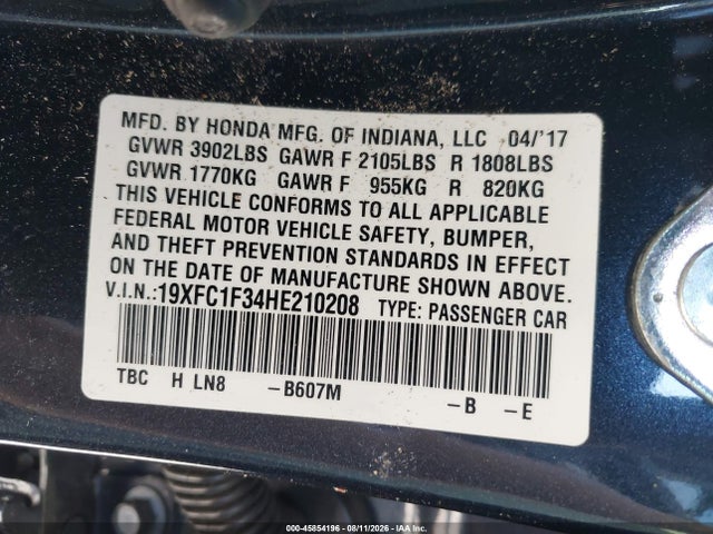 2017 Honda Civic Ex-t მანქანა იყიდება აუქციონზე, vin: 19XFC1F34HE210208, აუქციონის ნომერი: 45854196