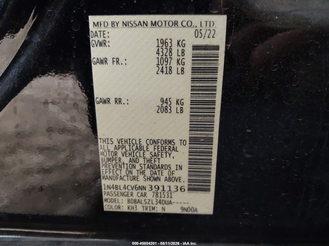 Продаж на аукціоні авто 2022 Nissan Altima Sr Fwd, vin: 1N4BL4CV6NN391136, номер лоту: 45854201