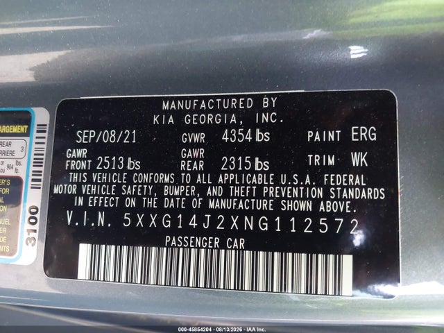Продаж на аукціоні авто 2022 Kia K5 Lxs, vin: 5XXG14J2XNG112572, номер лоту: 45854204