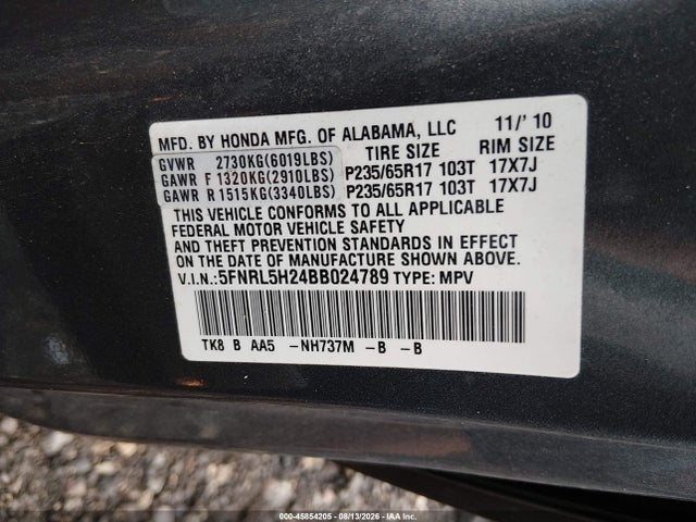 45854205 :رقم المزاد ، 5FNRL5H24BB024789 vin ، 2011 Honda Odyssey Lx مزاد بيع