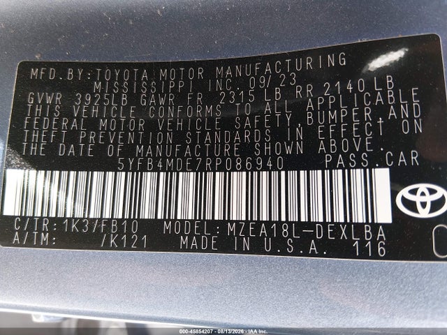 Продажа на аукционе авто 2024 Toyota Corolla Le, vin: 5YFB4MDE7RP086940, номер лота: 45854207