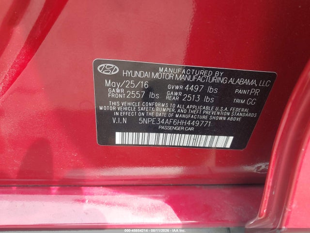 2017 Hyundai Sonata Sport მანქანა იყიდება აუქციონზე, vin: 5NPE34AF6HH449771, აუქციონის ნომერი: 45854214