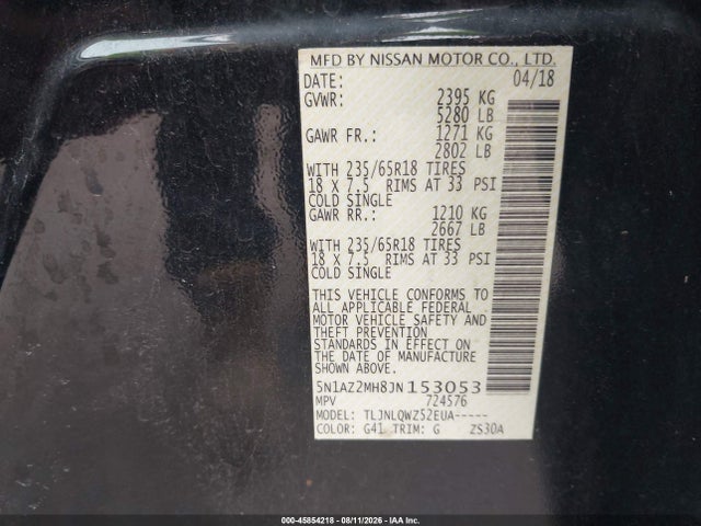 45854218 :رقم المزاد ، 5N1AZ2MH8JN153053 vin ، 2018 Nissan Murano Sv مزاد بيع