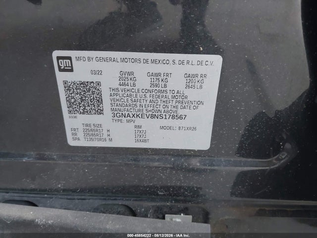 45854222 :رقم المزاد ، 3GNAXKEV8NS178567 vin ، 2022 Chevrolet Equinox Fwd Lt مزاد بيع