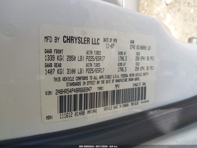 Продаж на аукціоні авто 2008 Chrysler Town & Country Touring, vin: 2A8HR54P48R666947, номер лоту: 45854224