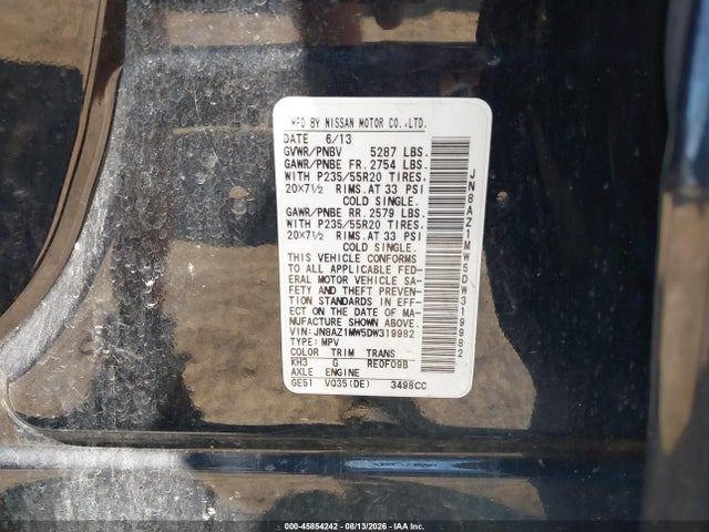 2013 Nissan Murano Le მანქანა იყიდება აუქციონზე, vin: JN8AZ1MW5DW319982, აუქციონის ნომერი: 45854242
