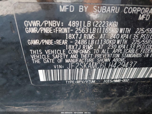 Aukcja sprzedaży 2020 Subaru Forester Sport, vin: JF2SKAMC6LH429437, numer aukcji: 45854244