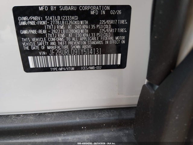 Продаж на аукціоні авто 2026 Subaru Outback Wilderness, vin: JF2BURLD9TY514131, номер лоту: 45854250