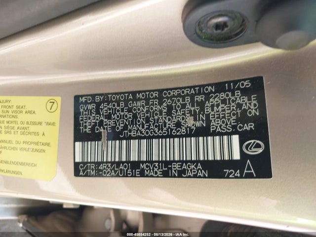 Aukcja sprzedaży 2006 Lexus Es 330, vin: JTHBA30G365162817, numer aukcji: 45854252