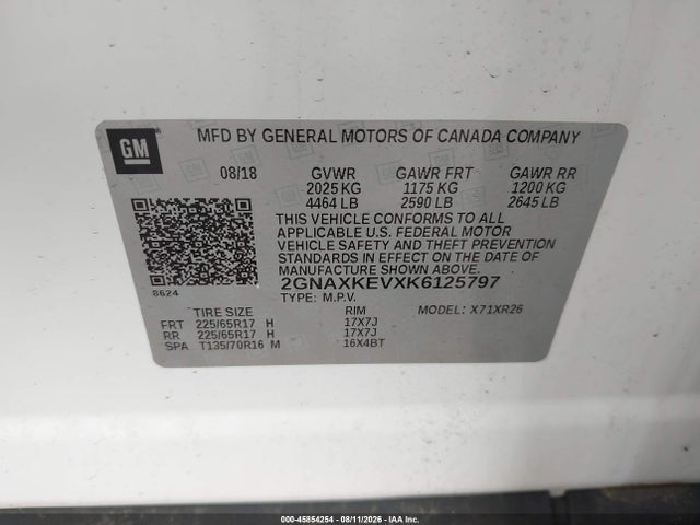 Aukcja sprzedaży 2019 Chevrolet Equinox Lt, vin: 2GNAXKEVXK6125797, numer aukcji: 45854254