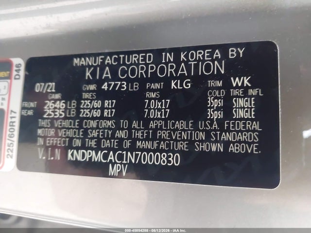 45854288 :رقم المزاد ، KNDPMCAC1N7000830 vin ، 2022 Kia Sportage Lx مزاد بيع