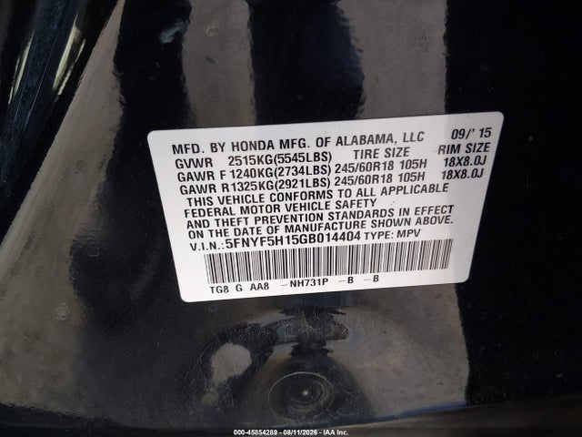 5FNYF5H15GB014404 Honda PILOT LX
