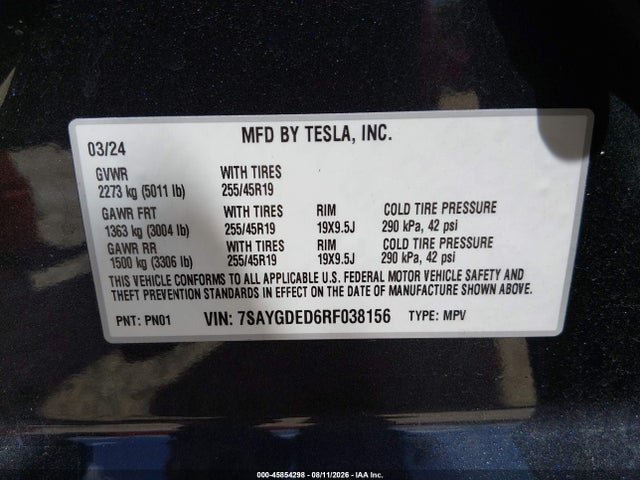 7SAYGDED6RF038156 Tesla Model Y Long Range Single Motor Rear-wheel Drive/rwd