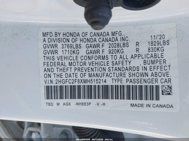 45854308 :رقم المزاد ، 2HGFC2F8XMH515214 vin ، 2021 Honda Civic Sport مزاد بيع