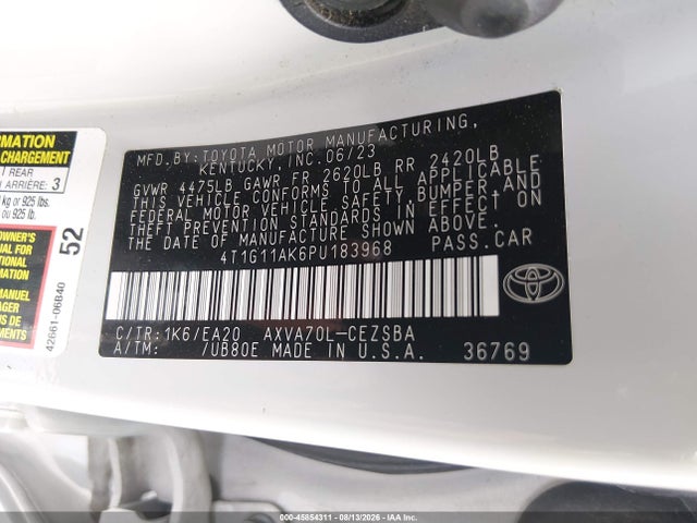 2023 Toyota Camry Se მანქანა იყიდება აუქციონზე, vin: 4T1G11AK6PU183968, აუქციონის ნომერი: 45854311