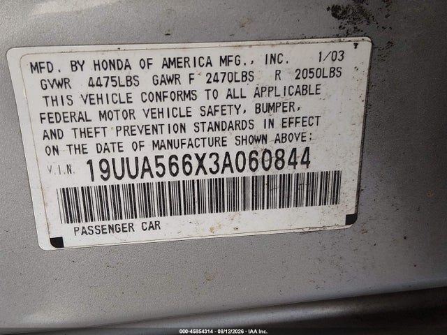 Aukcja sprzedaży 2003 Acura Tl 3.2, vin: 19UUA566X3A060844, numer aukcji: 45854314