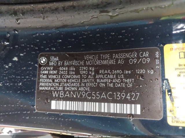 2010 Bmw 535i Xdrive მანქანა იყიდება აუქციონზე, vin: WBANV9C55AC139427, აუქციონის ნომერი: 45854320