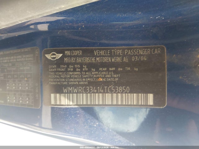Продажа на аукционе авто 2004 Mini Cooper, vin: WMWRC33414TC53850, номер лота: 45854331
